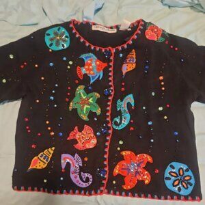 Michael Simon Vintage 90s Short Sleeve Cardigan Sweater Fish Aquarium Large
